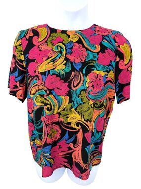 vintage 90's Norton McNaughton Floral Multicolor Short-Sleeve Top - 14 USA MADE!